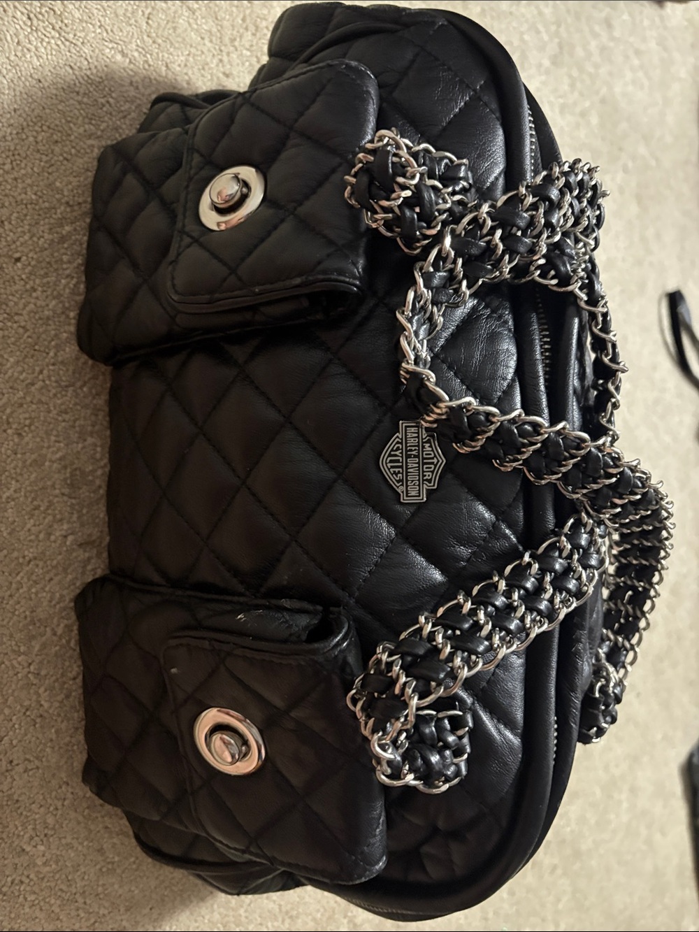 Harley Davidson Black Quilted Chain-Handle Women’s Shoulder Bag